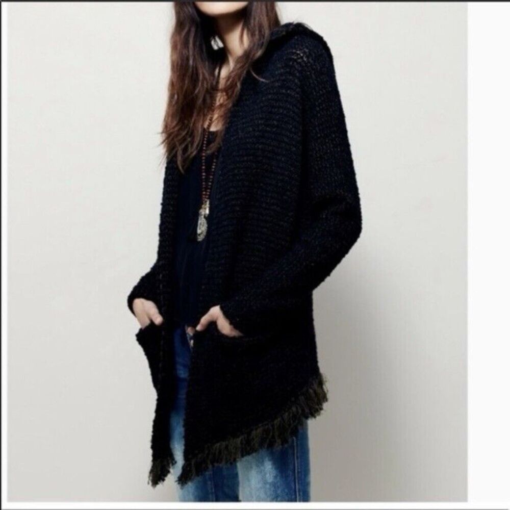 Free People Love Me Tender Knitted Cardigan‎ Fringe Hooded Open Front Black XS